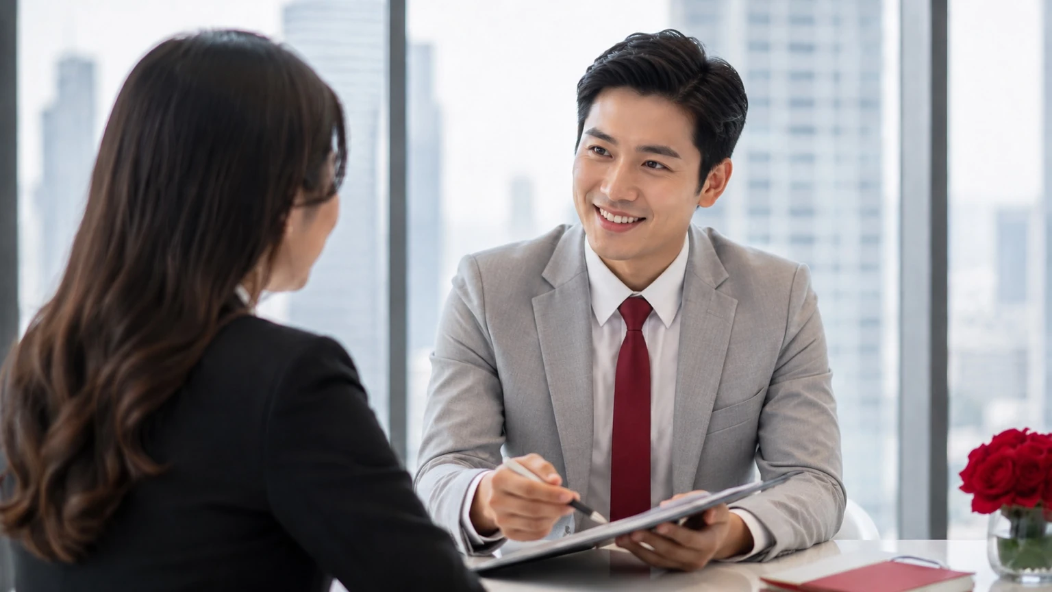 ตัวแทนประกันชีวิต AIA Financial Advisor รุ่นใหม่กำลังให้คำปรึกษาลูกค้าในออฟฟิศทันสมัย