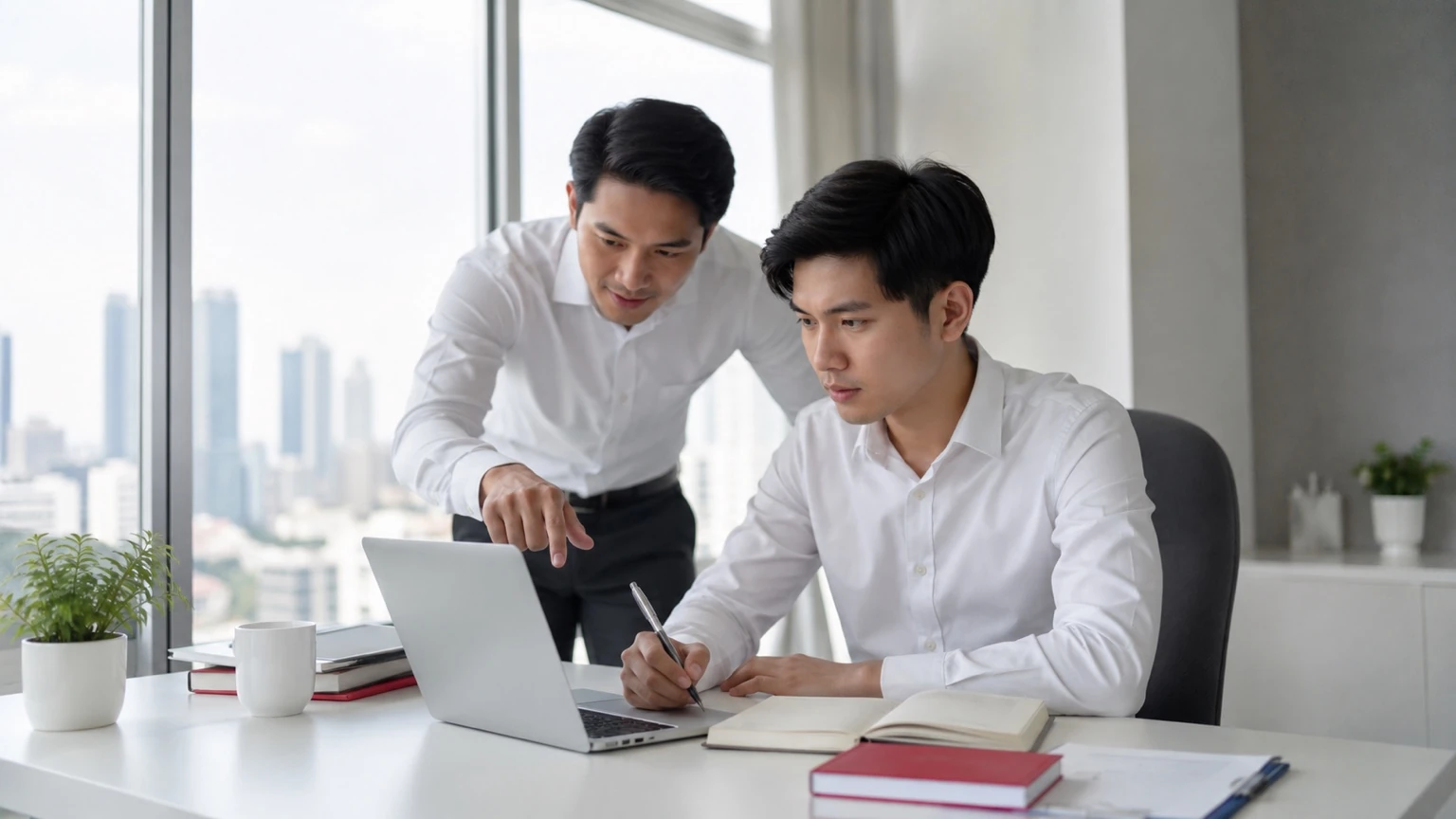 ผู้สมัครกำลังเตรียมสอบใบอนุญาตตัวแทนประกันชีวิตพร้อมทีมพี่เลี้ยงติวให้